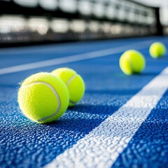 Three vibrant yellow paddle tennis balls sit near the crisp white lines on a bright blue outdoor court ready for an exciting game showcasing the intensity of the sport.