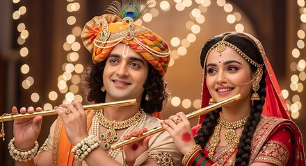 Radha krishna playing flute hindu deities indian culture traditional clothing jewelry art