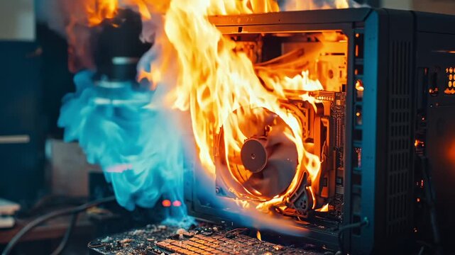 A computer case on fire with a fan on top of it
