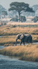 Obraz premium Elephant walking by the river, Africa safari, wildlife animal.