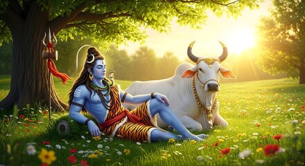 Shiva hindu god meditation with nandi bull in nature peaceful spiritual awakening art