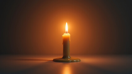 Lit candle in a dark room with subtle reflections on the surface