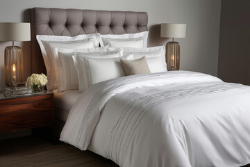 Luxurious White Bedding Arrangement in Contemporary Bedroom With Elegant Lamps and Stylish Decor