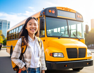 school bus with student in front