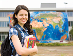 female student with backpack and books