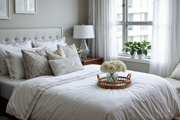Cozy Bedroom Interior With Elegant Decor and Large Window Inviting Natural Light Into a Serene Space