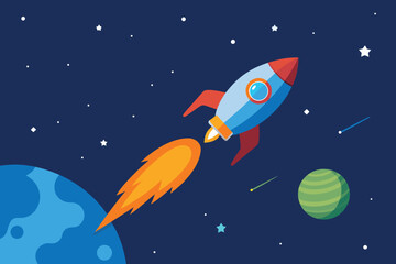  a charming cartoon illustration of a retrostyle rocket ship blasting off into a deep blue starry night sky, leaving a fiery orange trail, with planets and distant stars vector illustration