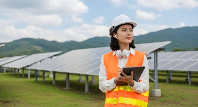 Asian engineer inspecting solar panel farm for renewable energy project management plan