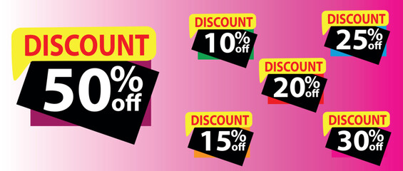 Discount buy now label pop-up banner  with different sale percentage. 10, 15, 20, 25, 30, 50 percent off price reduction badge promotion, Rectangle discount sale tags with percentages