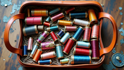 Assorted vintage spools of thread in an aged wooden tray