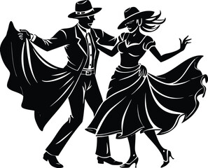 elegant couple dancing in vintage style silhouette with flowing outfits and hats