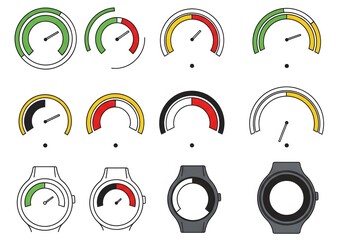 Collection of Modern Watch Gauges and Smart Watches with Green Yellow and Red Indicators
