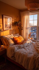 Sunday morning cozy bedroom, natural sunlight filtering through the window by the bed.
