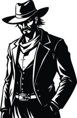  rugged cowboy silhouette in vintage western outfit with hat and confident stance