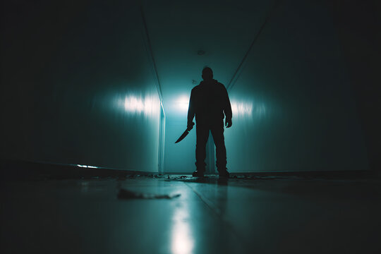 Silhouette of man maniac or killer or horror murderer with knife in hand in dark creepy and spooky corridor. Criminal robber or rapist concept in thriller atmosphere