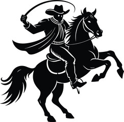cowboy silhouette riding rearing horse with whip in dynamic western action pose