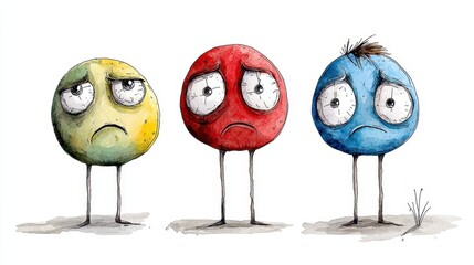 Three sad cartoon characters representing mental health struggles like depression and anxiety illustrate the concept of emotional distress and the need for mental health support