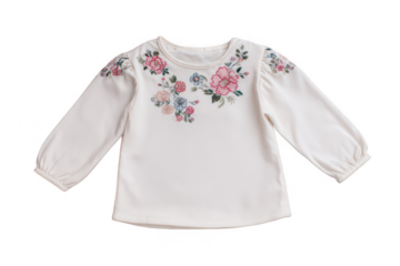 Cute children's long-sleeved top with an embroidered floral pattern on a white background, png, transparent