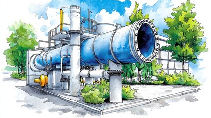 A detailed watercolor illustration depicts a large industrial pipeline and pipe rack system for petroleum chemical hydrogen processing, situated outdoors amidst lush green