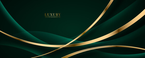 3D green luxury abstract background overlap layer on dark space with golden wave lines decoration. Modern graphic design element cutout style concept for web banner, art, flyer, card or brochure cover