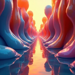 Abstract Liquid Forms Reflecting Warm Sunlight in a Dreamlike Landscape