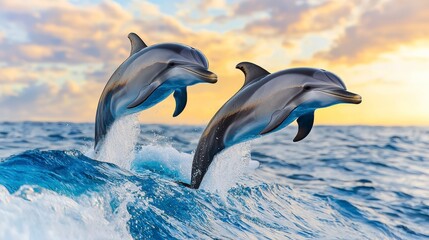 Obraz premium Two playful dolphins leap joyfully above the crashing waves of the Pacific Ocean du a vibrant Hawaiian sunset creating a breathtaking scene of wildlife in its natural habitat.