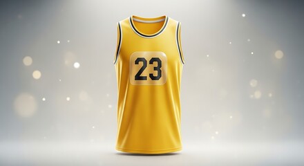 Crisp studio shot displays a bright yellow basketball jersey with number 23 emblem.
