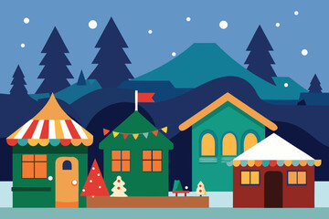  a festive christmas village scene at night with decorated houses, trees, and snow falling, creating a magical winter atmosphere vector illustration