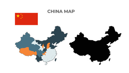 Outlined People's Republic of China map country silhouette with national flag style vector drawing template for your design.
