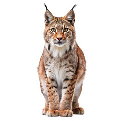 Fototapeta premium A majestic eurasian lynx sits alertly, its piercing gaze fixed forward against a white backdrop isolated on transparent background