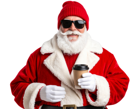 Modern Hipster Santa with Sunglasses and Coffee Cup – Isolated PNG - Powered by Adobe