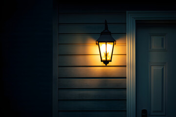 Dark night evening with house exterior lamp lantern, illuminated front door porch with black background on wall siding