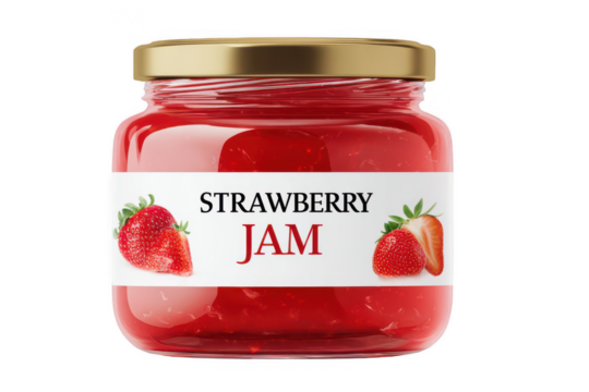 Strawberry jam jar with label isolated on white background, png, transparent