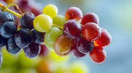 A bunch of fresh grapes with water droplets in various shades of red and purple fruit cluster