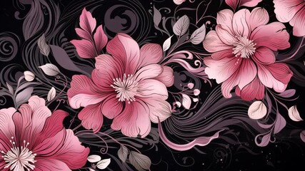 Dark colour illustrative video, wild blooming floral pattern, delicate flowers, pink, red and light pink flowers, greeting template on black background. 