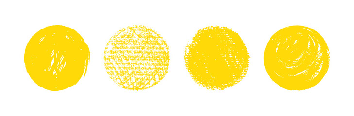 Set of yellow circles for children school projects, kindergarten chalkboard art, speech bubbles, and playful calligraphy posts. Creative grungy paintbrush doodles with a charcoal and pastel texture.
