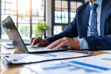 Business man working at office with laptop and documents.