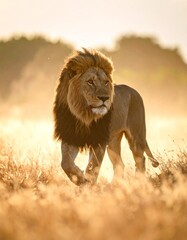 Majestic Lion Striding Across the Golden Grasslands