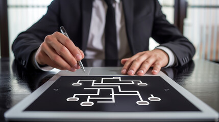 Businessman use laptop with flowchart diagram and workflow project.