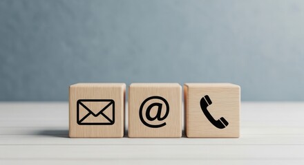 Wooden blocks displaying contact information icons for email, at symbol, and telephone communication