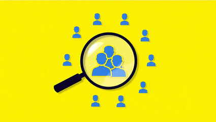 Magnifying glass over blue people icons on yellow background