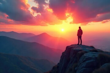 Fototapeta premium Ambitious Journey A Lone Figure Contemplates a Breathtaking Sunset Vista Over Rolling Hills