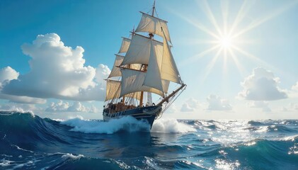 Obraz premium Majestic Sailing Ship Navigating Ocean Waves, Billowing Sails in Powerful Wind, Deep Blue Water, Sun Glints, Nautical Adventure Scene, Dramatic Seascape