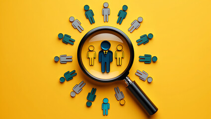 Magnifying glass over blue suited man with people image