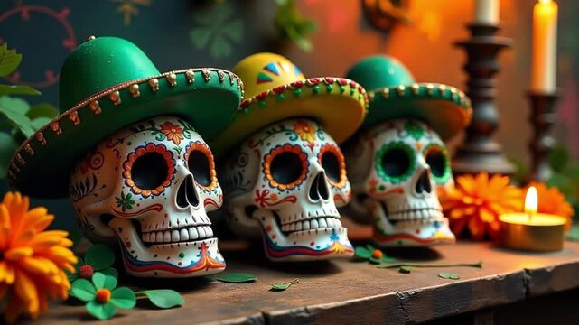 Cinco de Mayo. Three painted skulls decorated with flowers clack their teeth on the shelf.