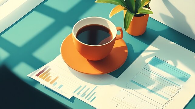 A desktop setup with investment charts, savings goals, and a cup of coffee