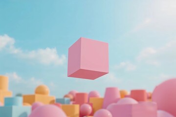 A minimalist 3D rendering of a single pink cube levitating above a surreal abstract landscape of pastel geometric shapes against a blue sky.