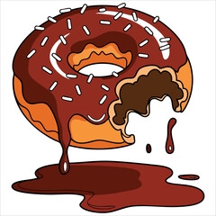 Appetizing donut doughnut with chocolate frosting sprinkle and bite taken. Glazed delicious pastry baked food outlined in icing style perfect for dessert themes.