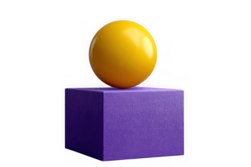 Yellow sphere balanced on a textured purple cube isolated on transparent background