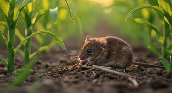 Tiny Explorer: A charming harvest mouse pauses for a moment amidst vibrant green crops and the soft soil, basking in the natural light of its humble surroundings. - Powered by Adobe